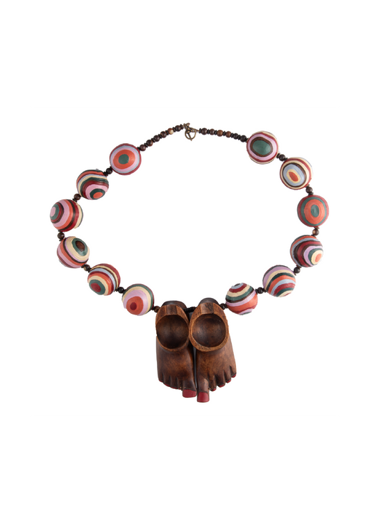 Vintage Wooden Feet Ashtrays on Necklace of Large Handpainted Wood Beads
