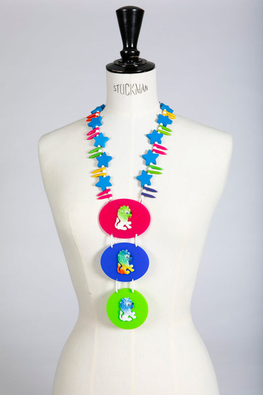 Vintage Plastic Lion Brooch Necklace on Blue Green and Pink Necklace