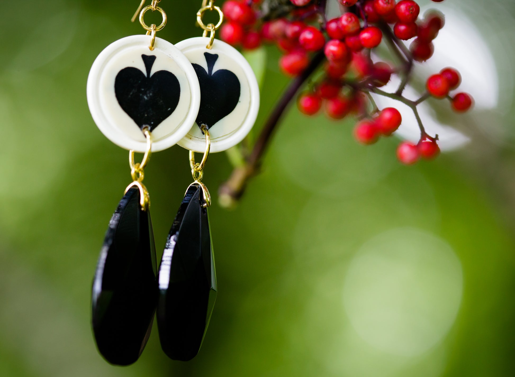 Vintage Spade Button and Black Drop Earrings