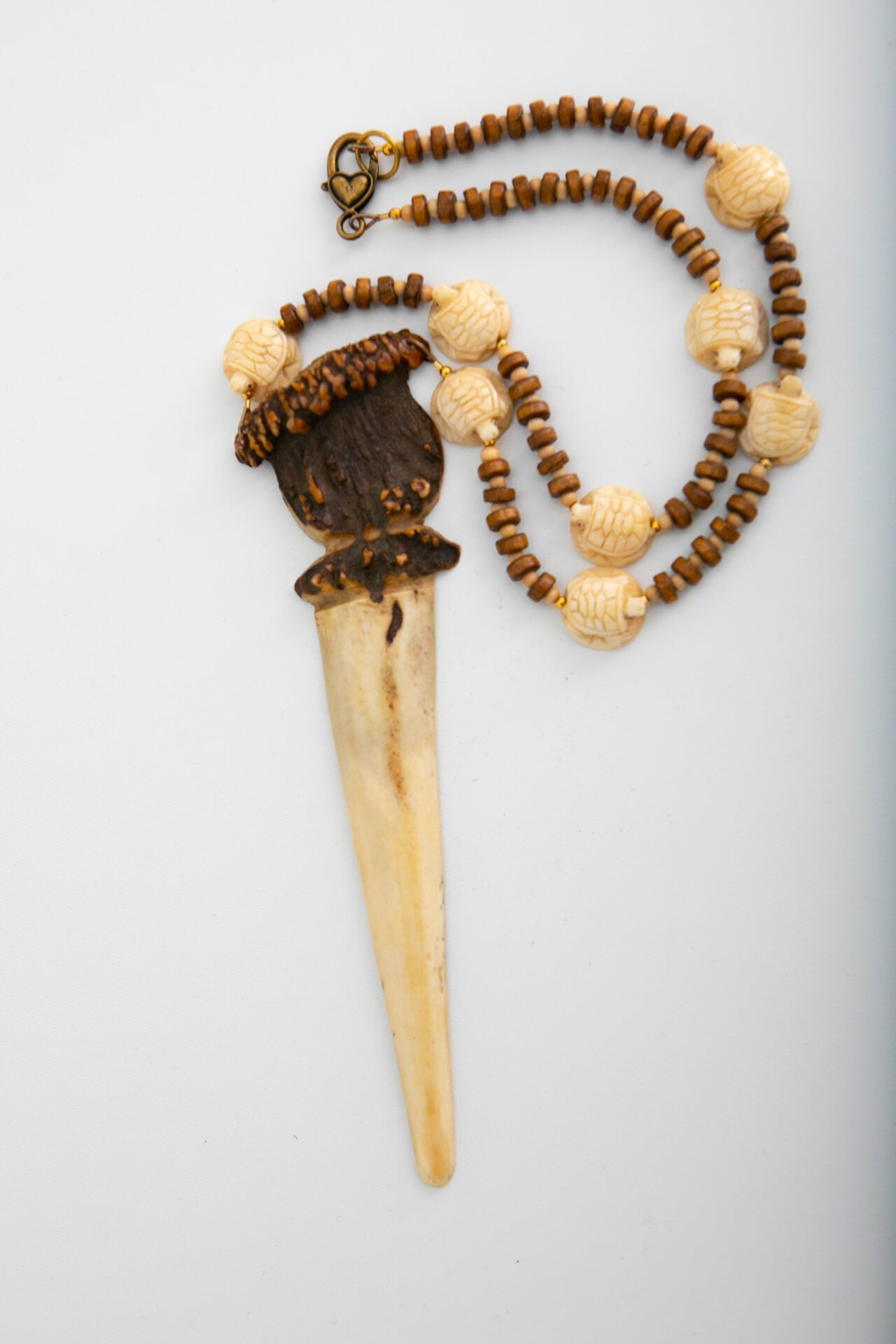 Wood and Handcarved Horn Turtles Necklace with Elegant Vintage Antler Letter Opener Pendant | Hopetown & Hunter