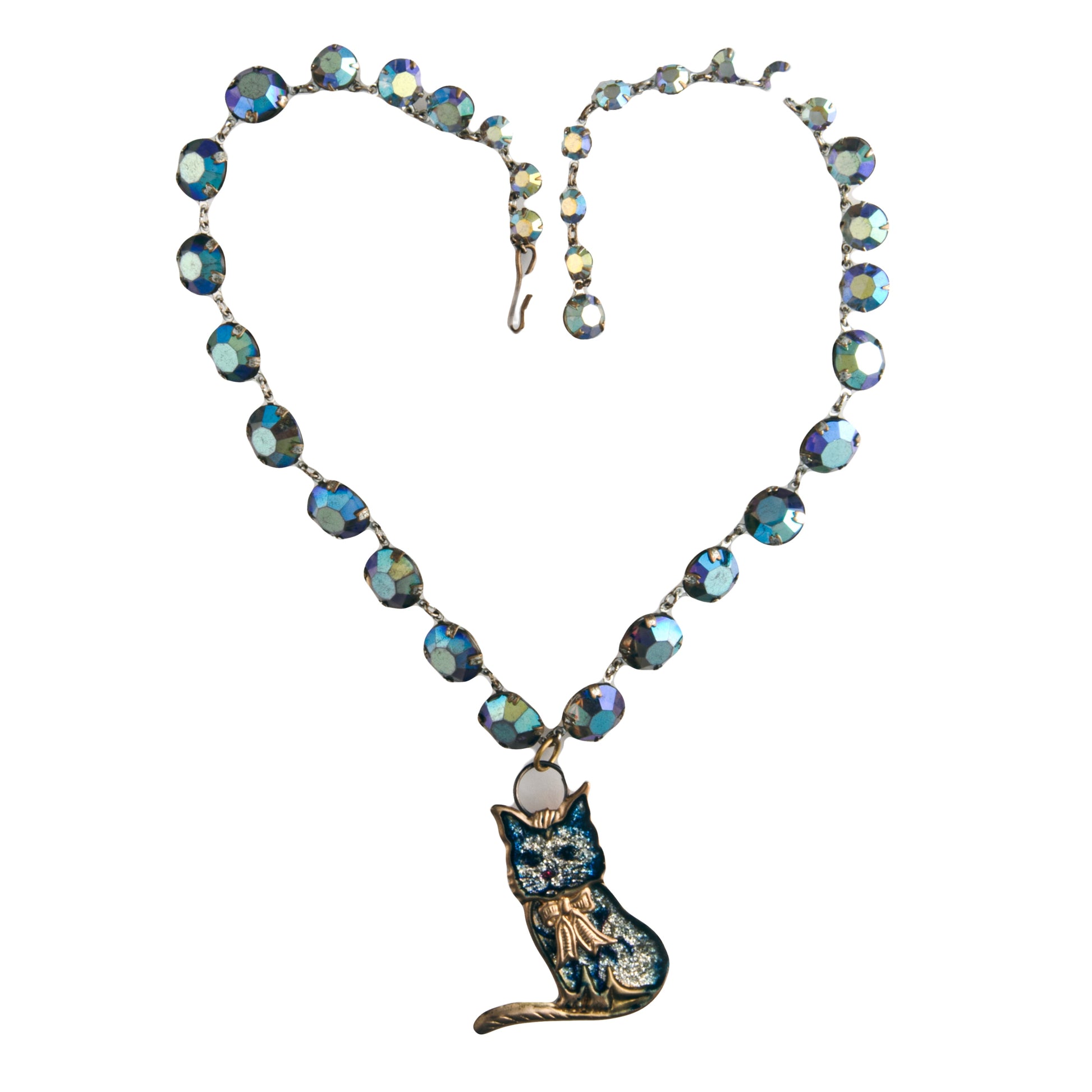 Vintage Articulated Blue Cat on Dark Blue Aurora Borealis Necklace | Hopetown & Hunter
