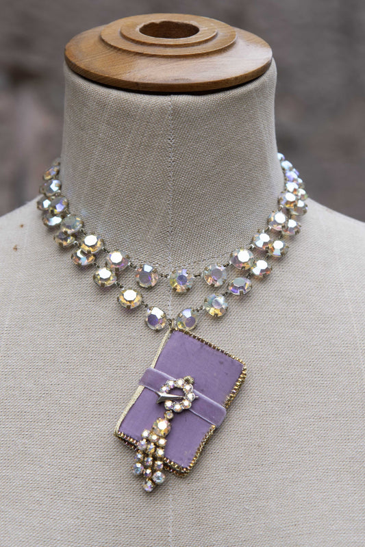 Vintage Aurora Borealis Necklace with Purple Silk Victorian Needlecase Pendant | Hopetown & Hunter
