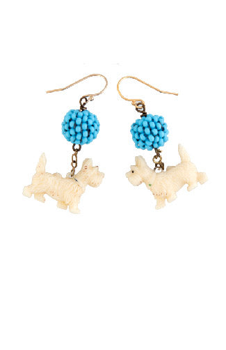 Vintage Bakelite Scottie Dog and Handbeaded Blue Ball Earrings