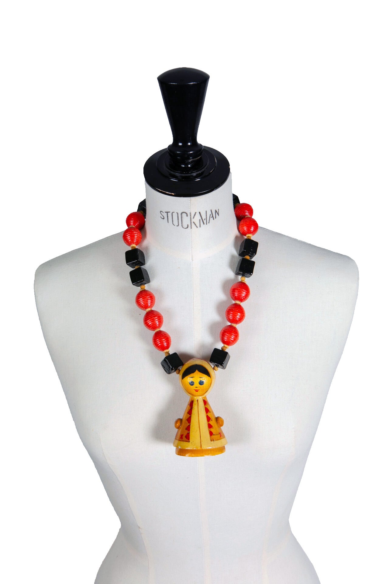 Vintage Folk Art Wood Doll on Black and Red Necklace | Hopetown & Hunter