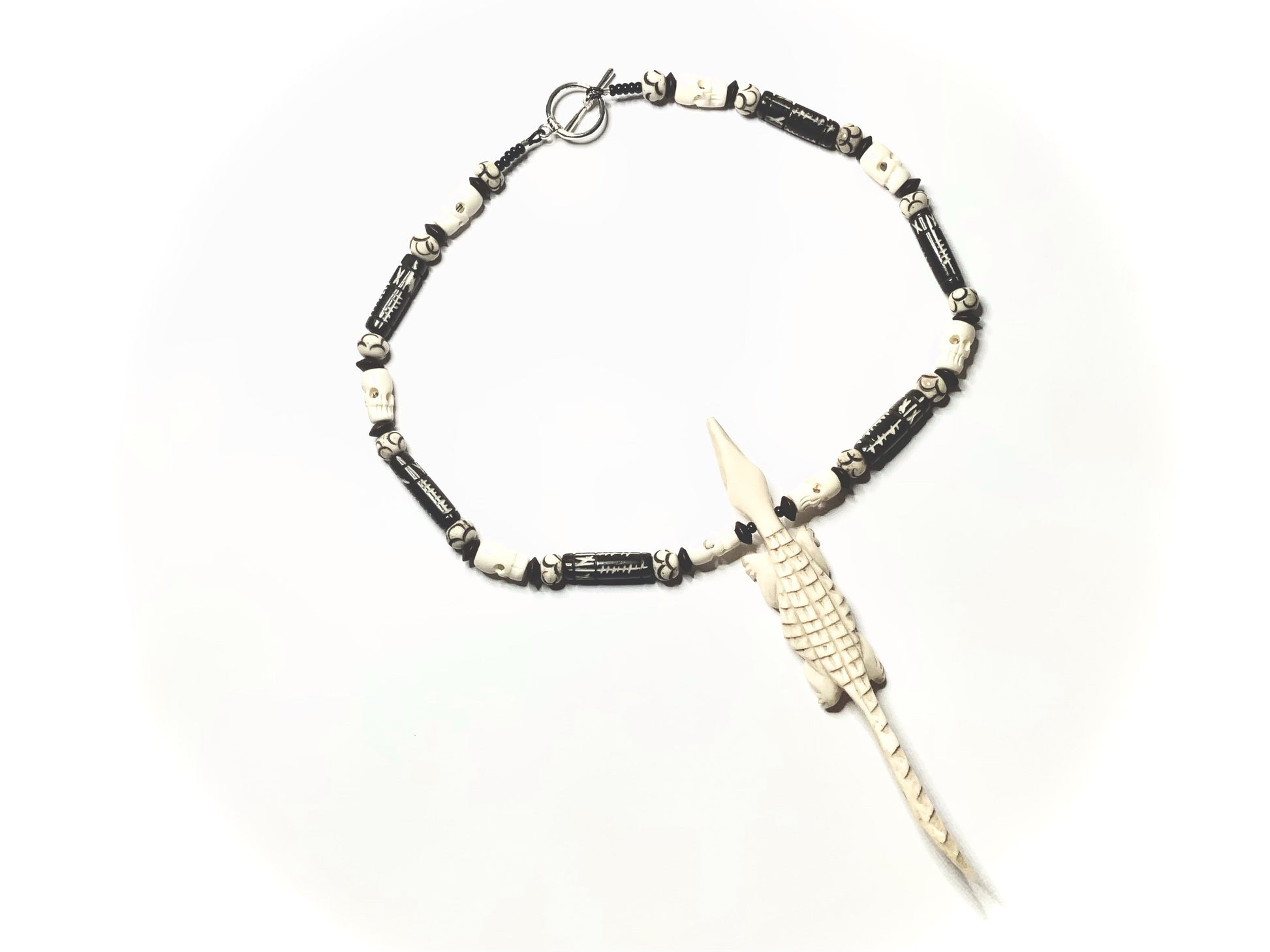 Upcycled Vintage Horn Crocodile Necklace with Handcarved Skull Beads | Hopetown & Hunter