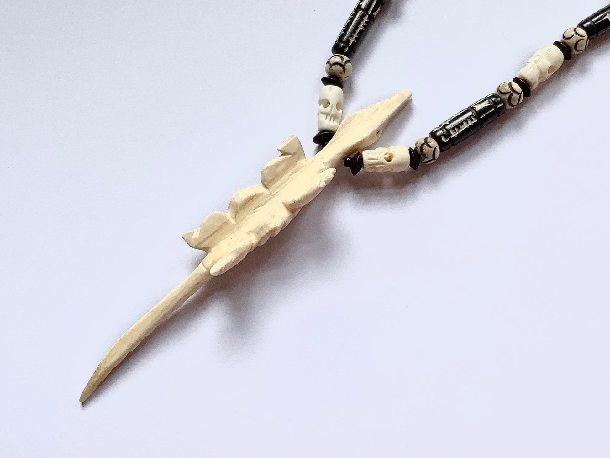 Upcycled Vintage Horn Crocodile Necklace with Handcarved Skull Beads | Hopetown & Hunter