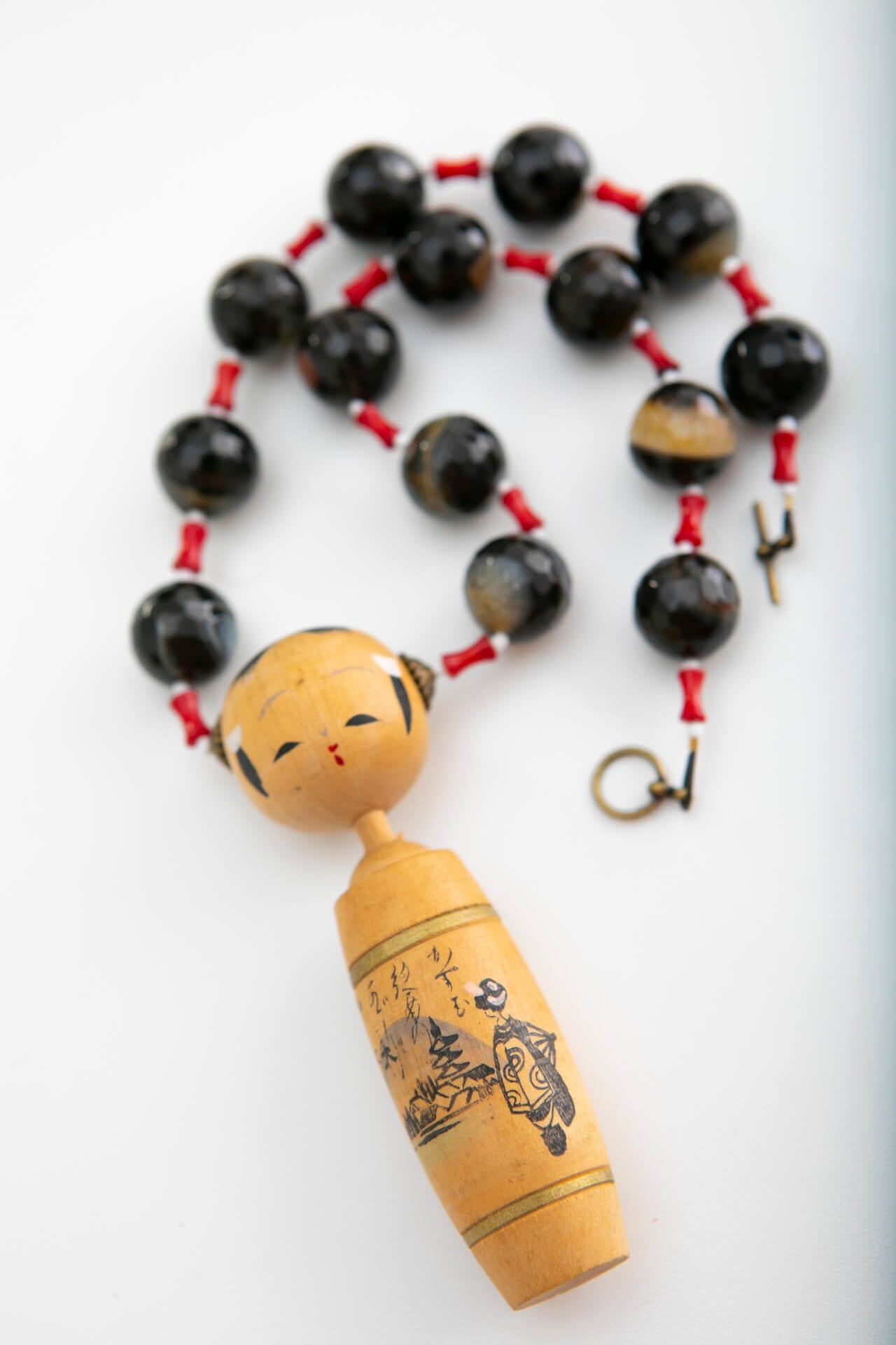 Vintage Japanese Wood Kokeshi Doll on Black Banded Agate Necklace | Hopetown & Hunter