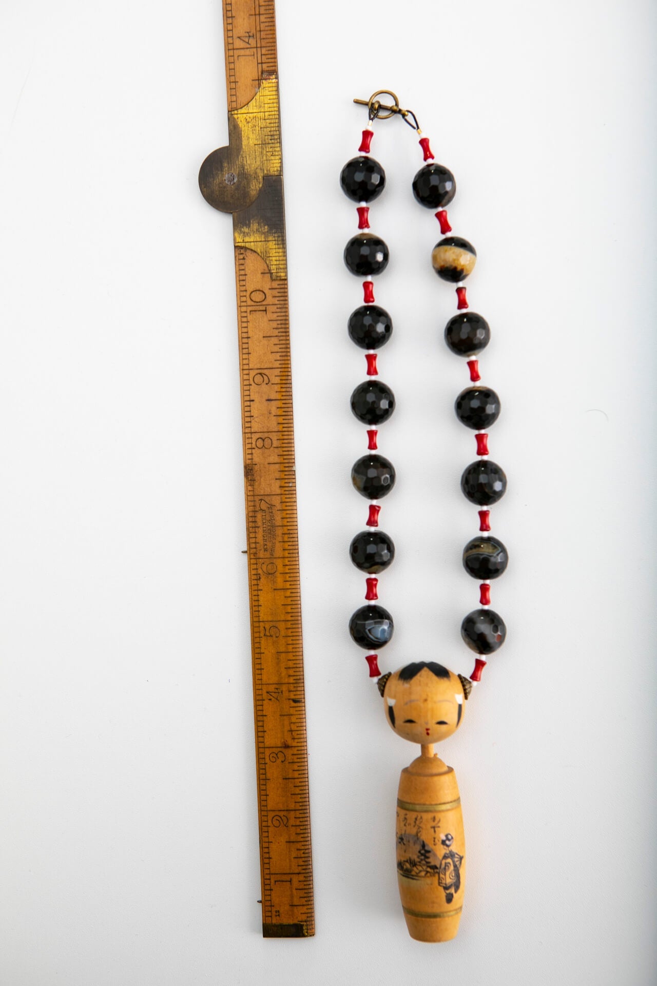Vintage Japanese Wood Kokeshi Doll on Black Banded Agate Necklace | Hopetown & Hunter