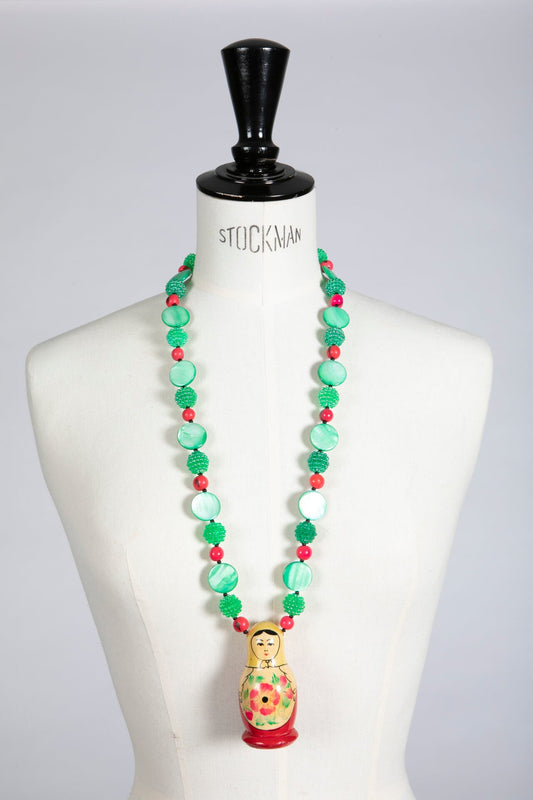Colouful Small Folk Art Matryoshka Doll on Long Pink and Green Necklace | Hopetown & Hunter