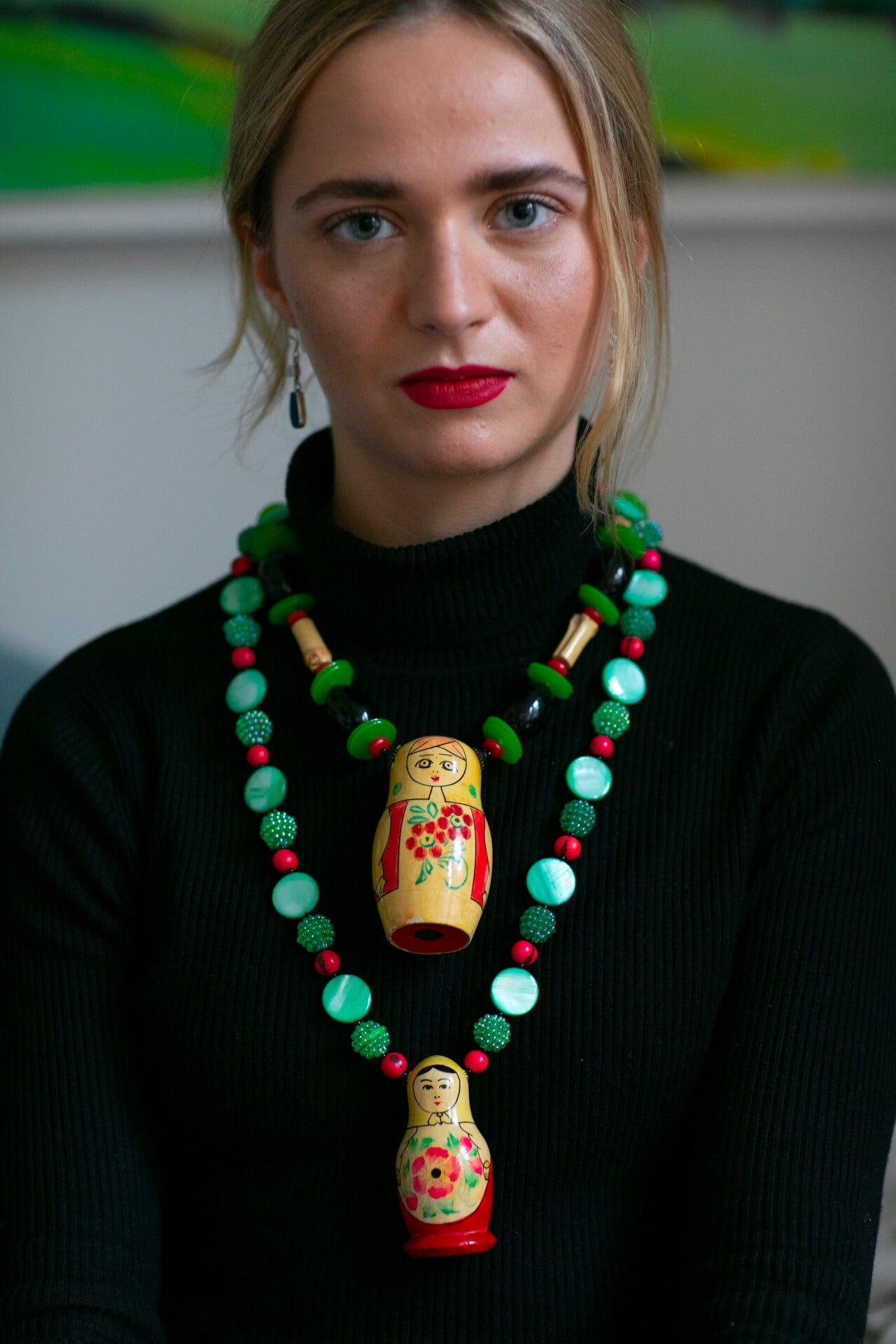 Colouful Small Folk Art Matryoshka Doll on Long Pink and Green Necklace | Hopetown & Hunter