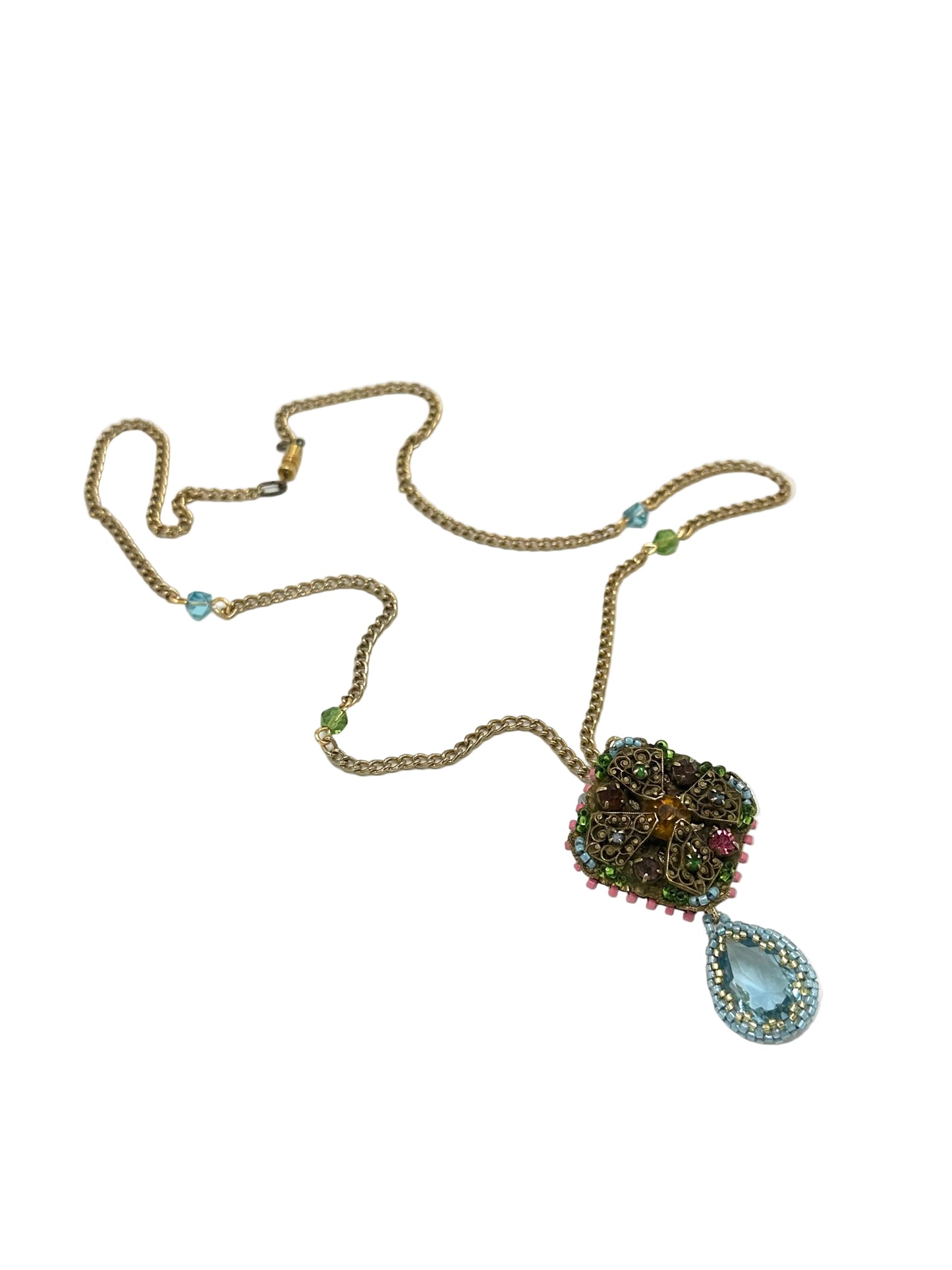 Vintage Square Brooch And Blue Dropper Necklace | Hopetown & Hunter