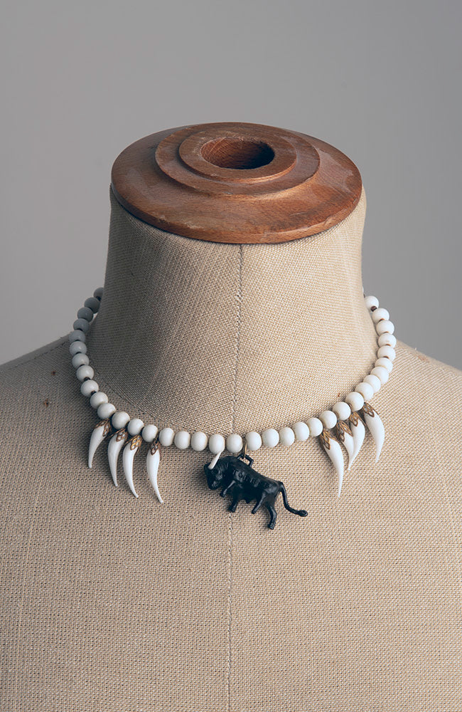 Vintage White Necklace with Black Bull Pendant | Hopetown & Hunter