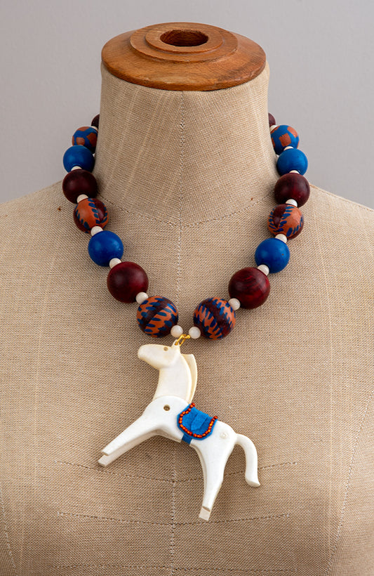 White Toy Horse On Wood Bead Necklace | Hopetown & Hunter