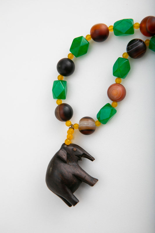 Wood Elephant on Green and Brown Necklace
