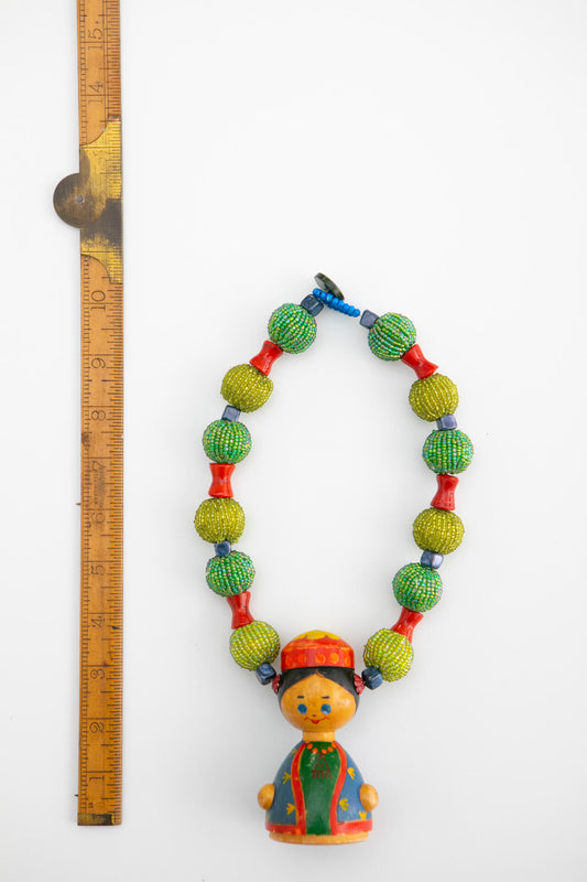 Wood Folk Art Doll on Colourful Chunky Bead Necklace