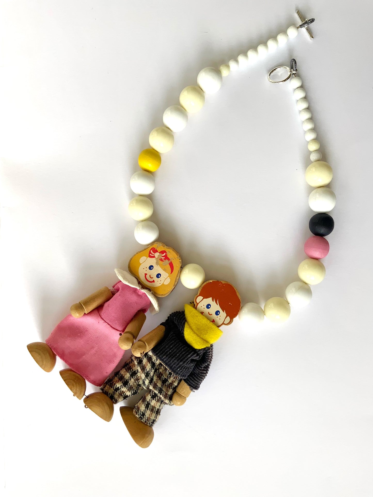 Wood Kids Figures Necklace with Vintage Beads