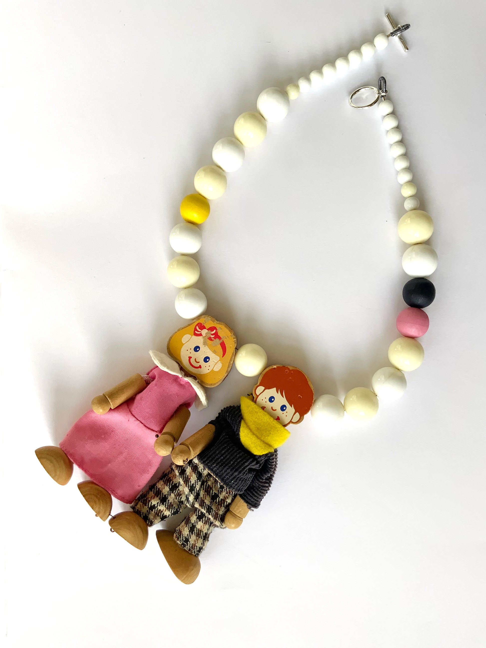 Wood Kids Figures Necklace with Vintage Beads