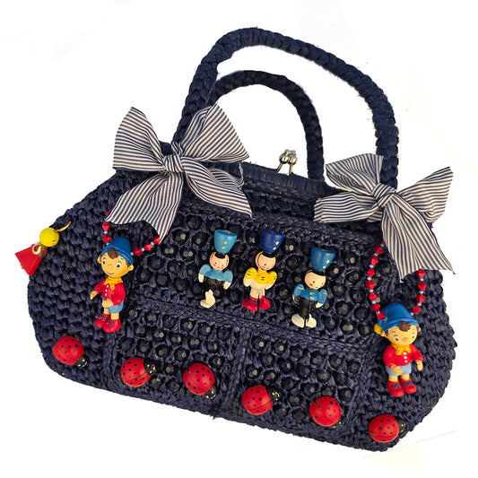 Vintage Navy Straw Handbag with Charms