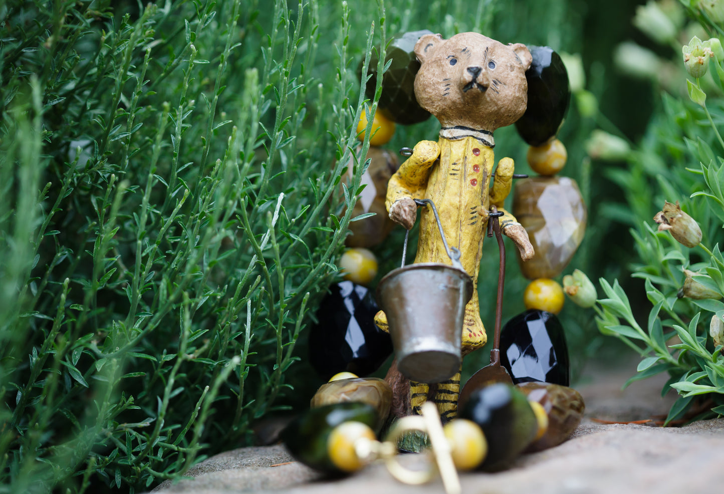Yellow Bear with Chunky Black, Green and Yellow Necklace